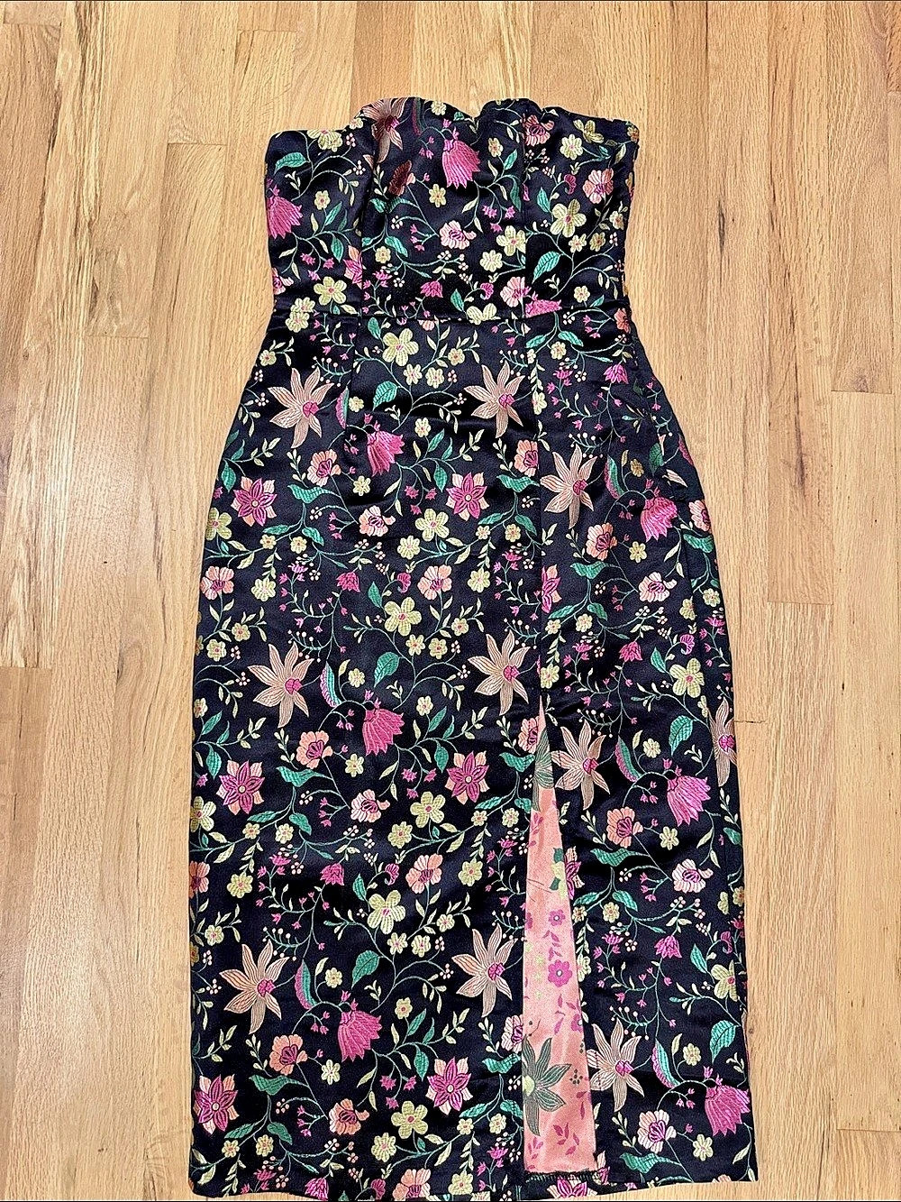 Lulus Make a Move Black Satin Floral Jacquard Strapless Midi Dress Floral